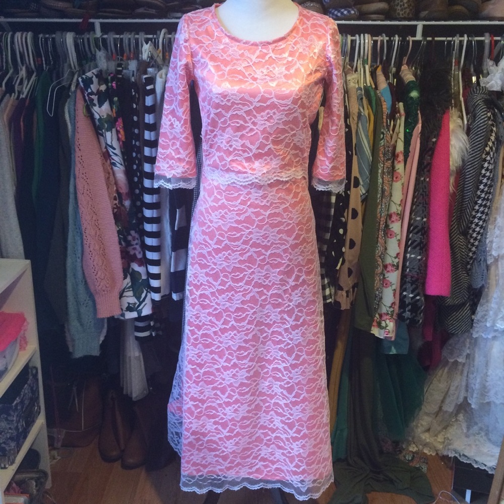 Coral and white lace long sleeve maxi dress